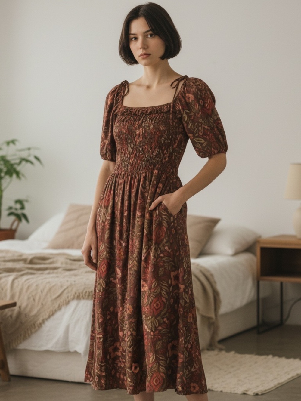 Maurices Rust Floral Midi Dress with Smocked Bodice L